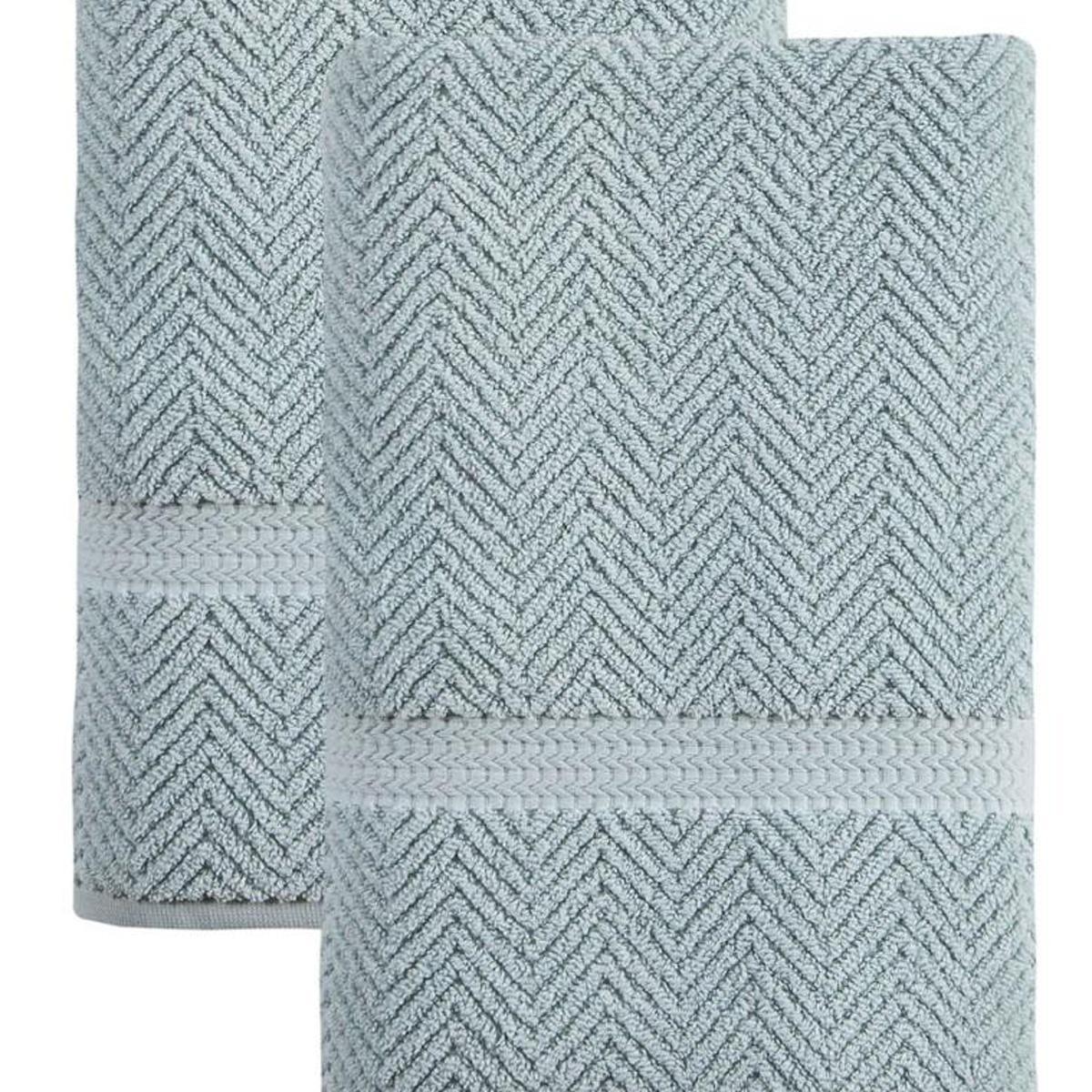Pair of aqua chevron bath towels with textured weave, 27 x 54 in, folded