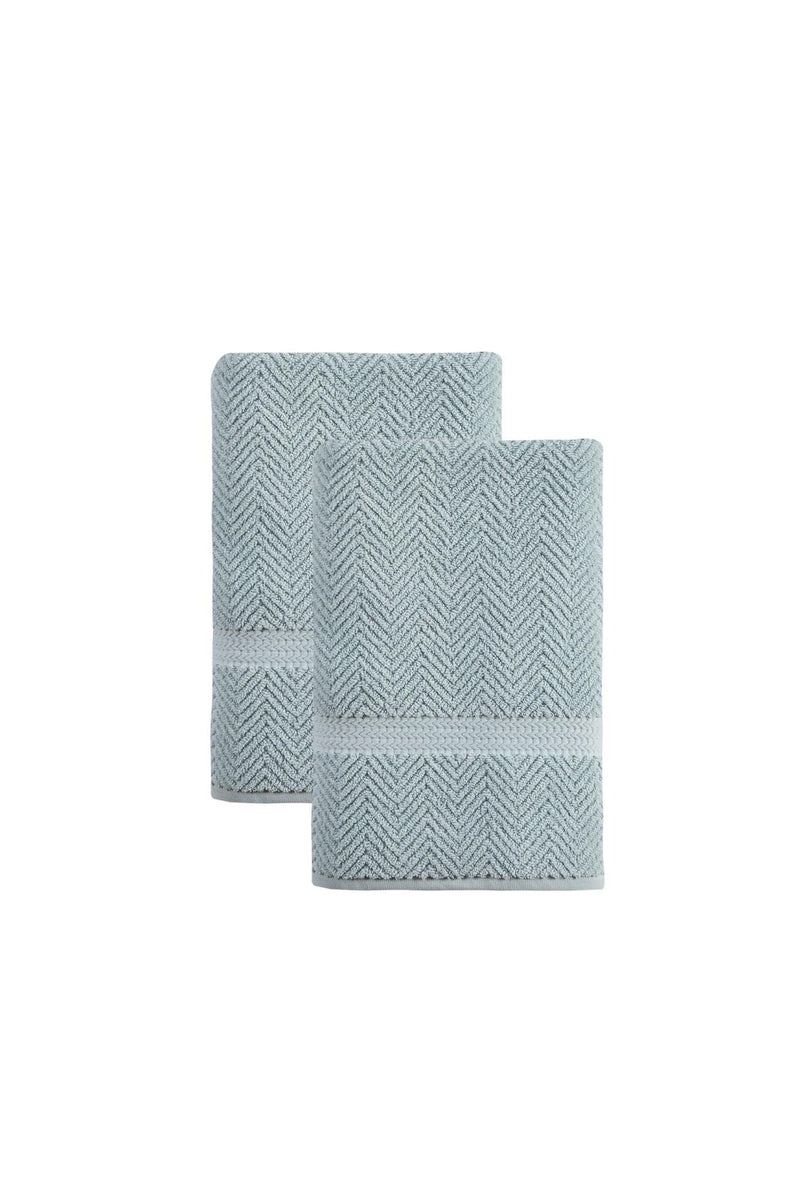 Two aqua chevron Turkish cotton bath towels, 27 x 54 in, folded stack