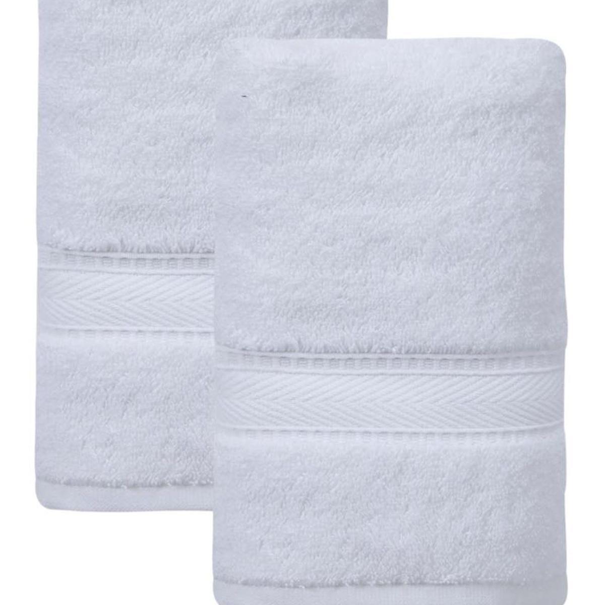 Set of two white Turkish cotton hand towels, chevron border and stitched hem