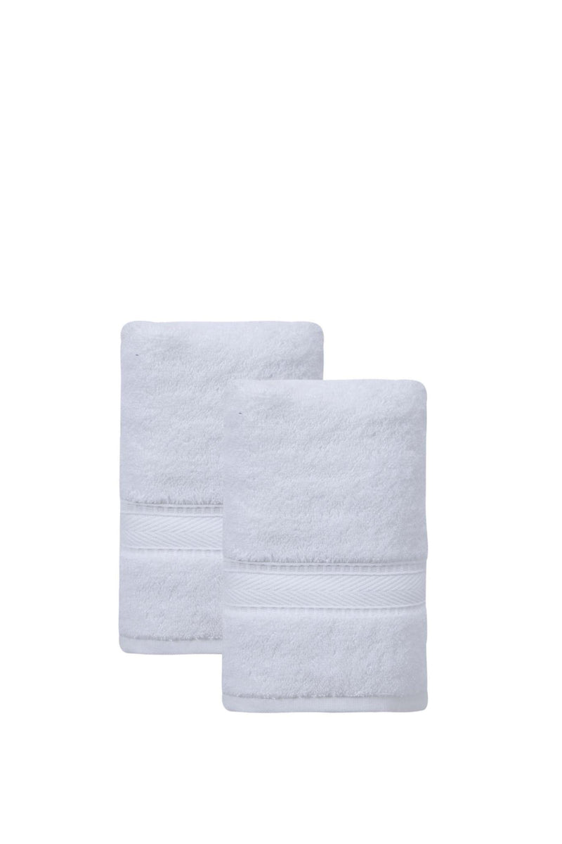 Set of two white hand towels with stitched edges and chevron border, folded pair