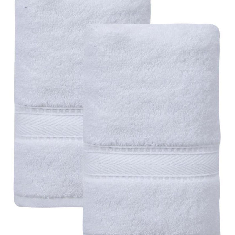 Set of two white hand towels with chevron trim and stitched hem, overlapping view