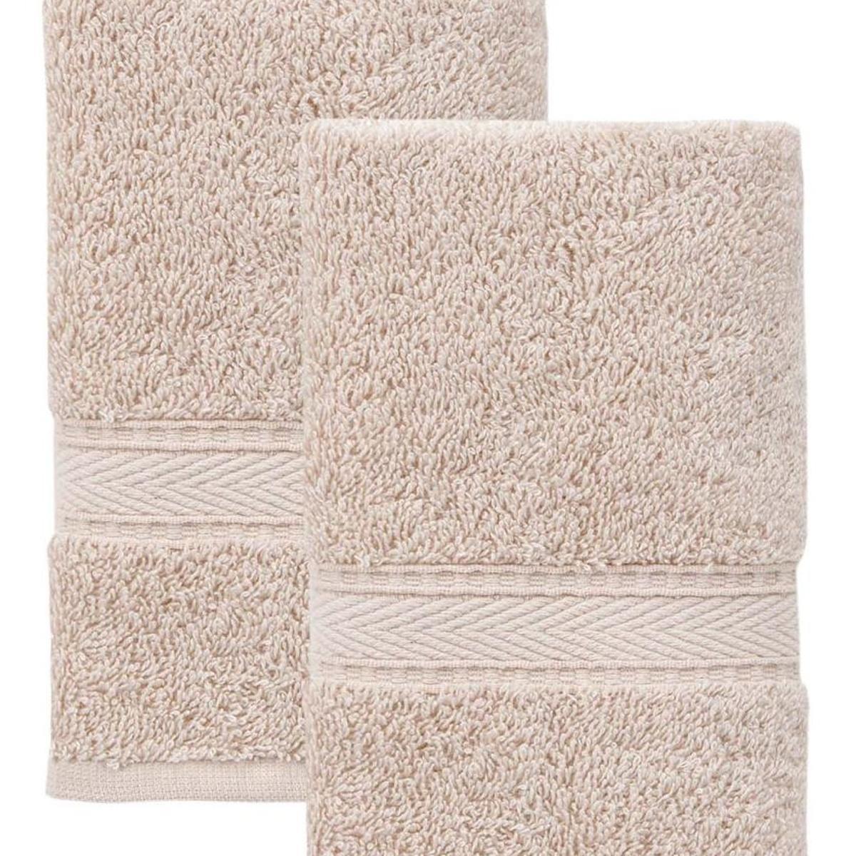 Set of two beige hand towels with textured loop pile and stitched striped borders