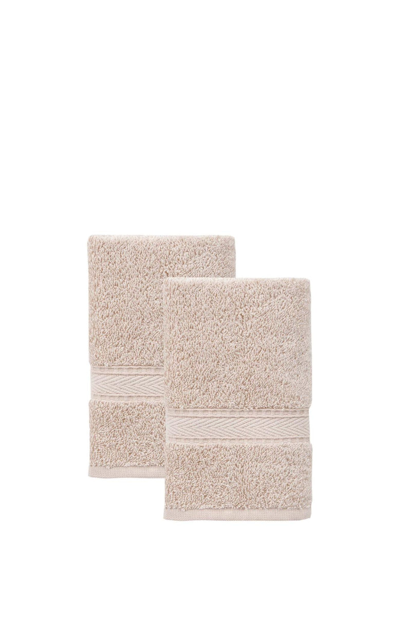 Set of two beige hand towels, neatly folded with horizontal stripe trim