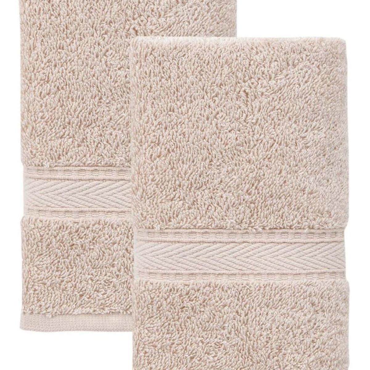 Set of two beige hand towels, folded stack with horizontal striped trim