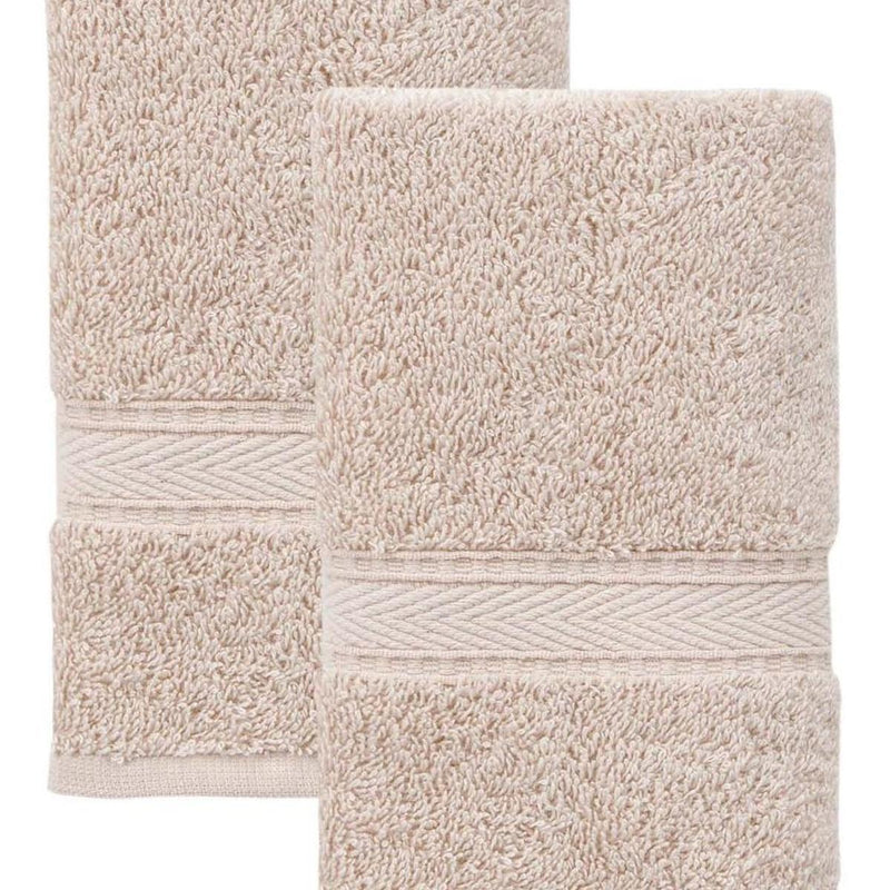 Set of two beige hand towels, folded stack with horizontal striped trim