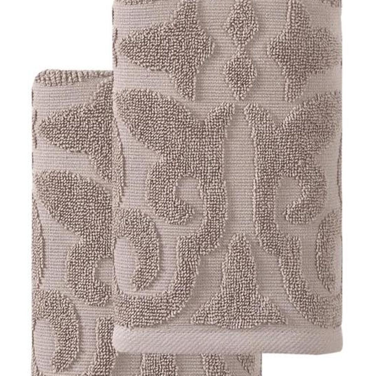 Set of two Turkish cotton hand towels, terry weave, taupe with textured floral design