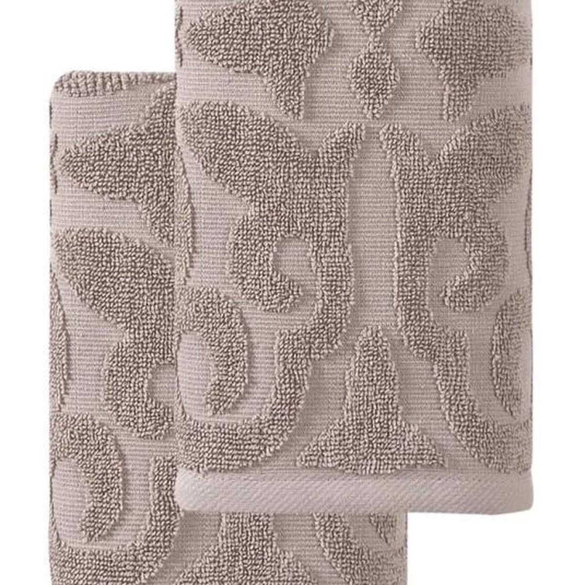 Two folded hand towels with terry loops and repeating floral medallion pattern, taupe tone