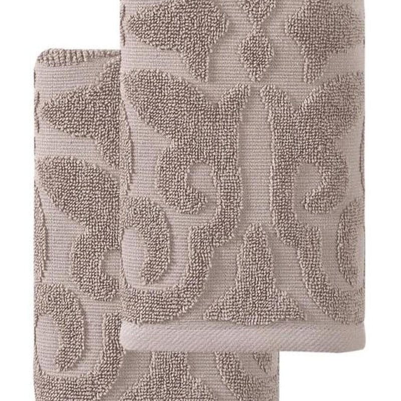 Two folded hand towels with terry loops and repeating floral medallion pattern, taupe tone