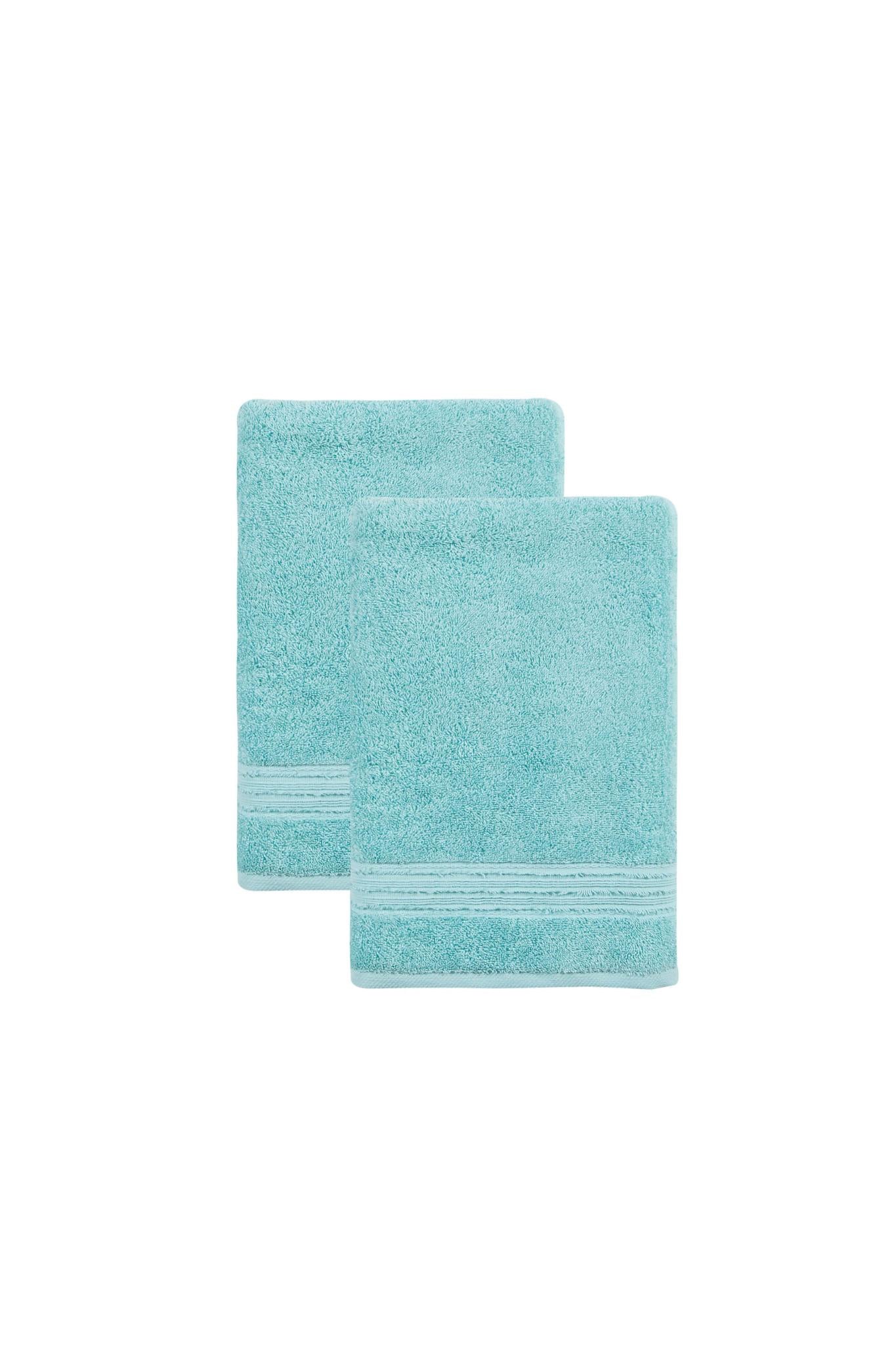 Set of two aqua Turkish cotton bath towels, folded and layered, 27 x 54 in