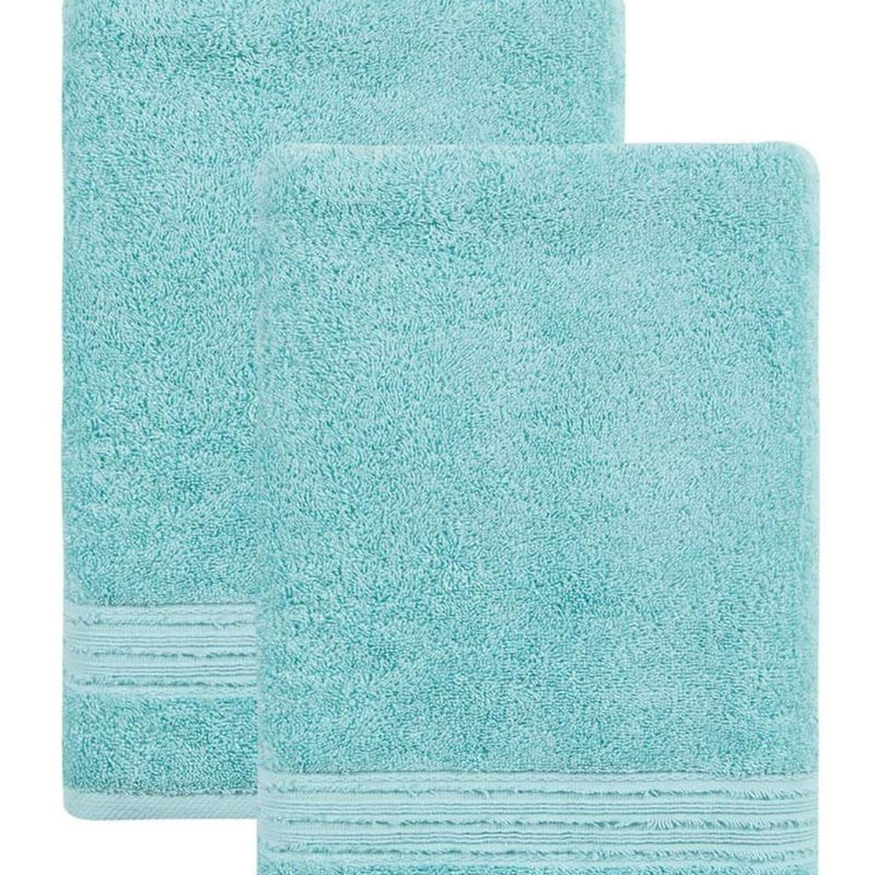 Two aqua Turkish cotton bath towels, front view with terry texture, 27 x 54 in