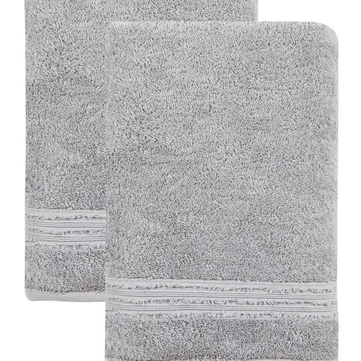 Set of two light gray bath towels with textured loops and stitched border, folded together