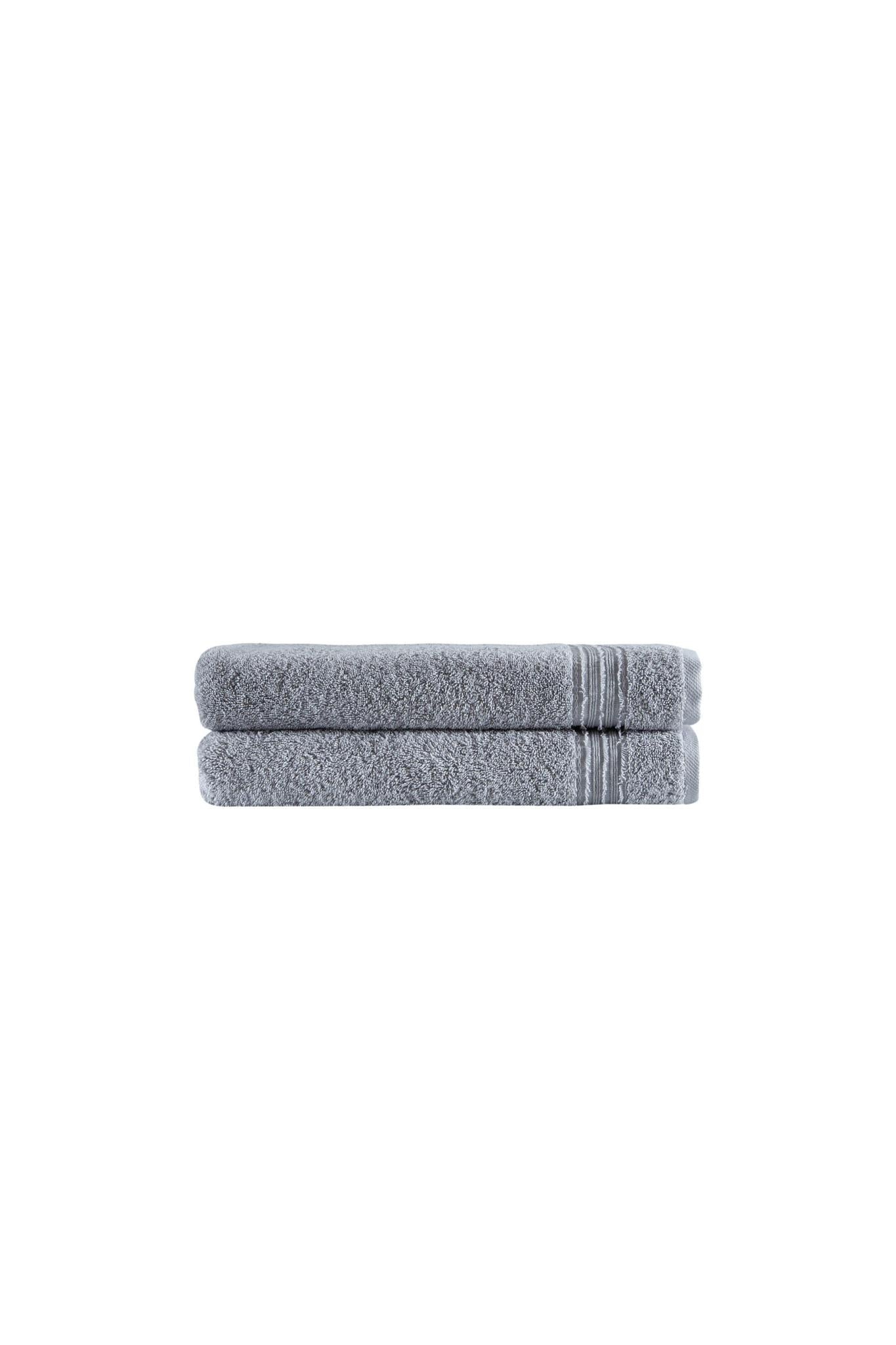 Set of two light gray folded bath towels, smooth stitched ends and textured terry