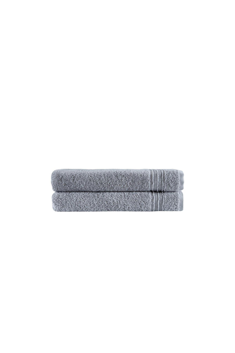 Set of two light gray folded bath towels, smooth stitched ends and textured terry