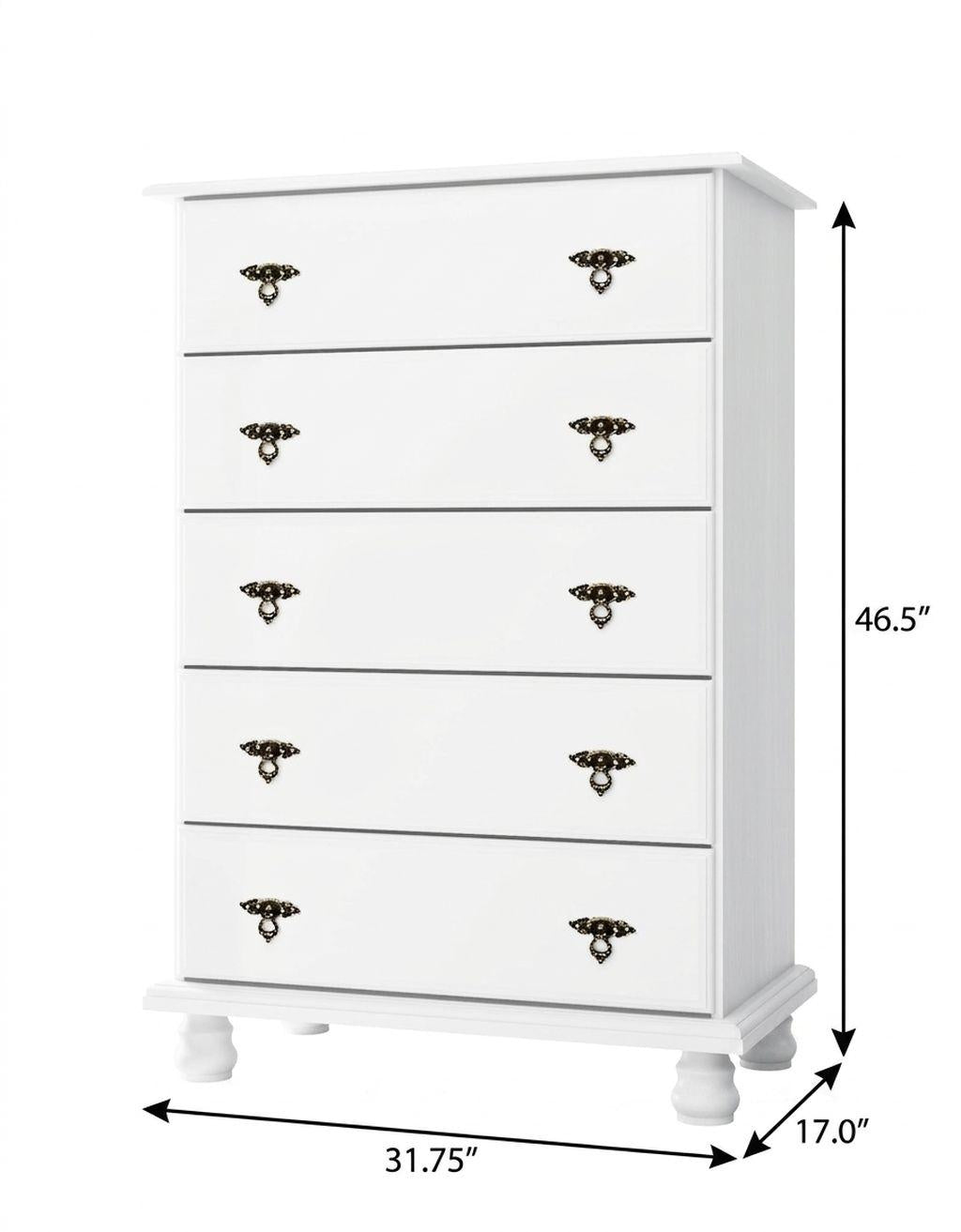 White five-drawer dresser in wood with ornate metal knobs and panel fronts.