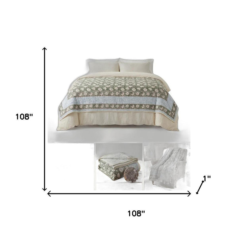 Cream cotton decorative comforter, 108 x 108 in, green floral medallion border