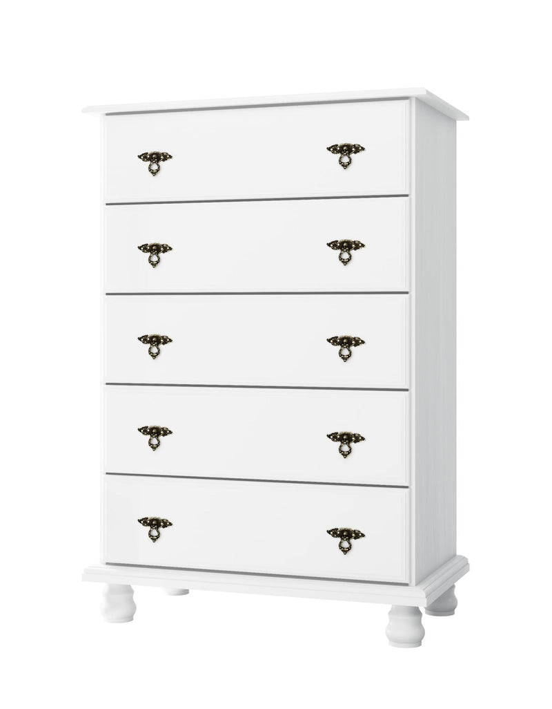 White five-drawer wood dresser with ornate metal knobs and clean-lined frame.