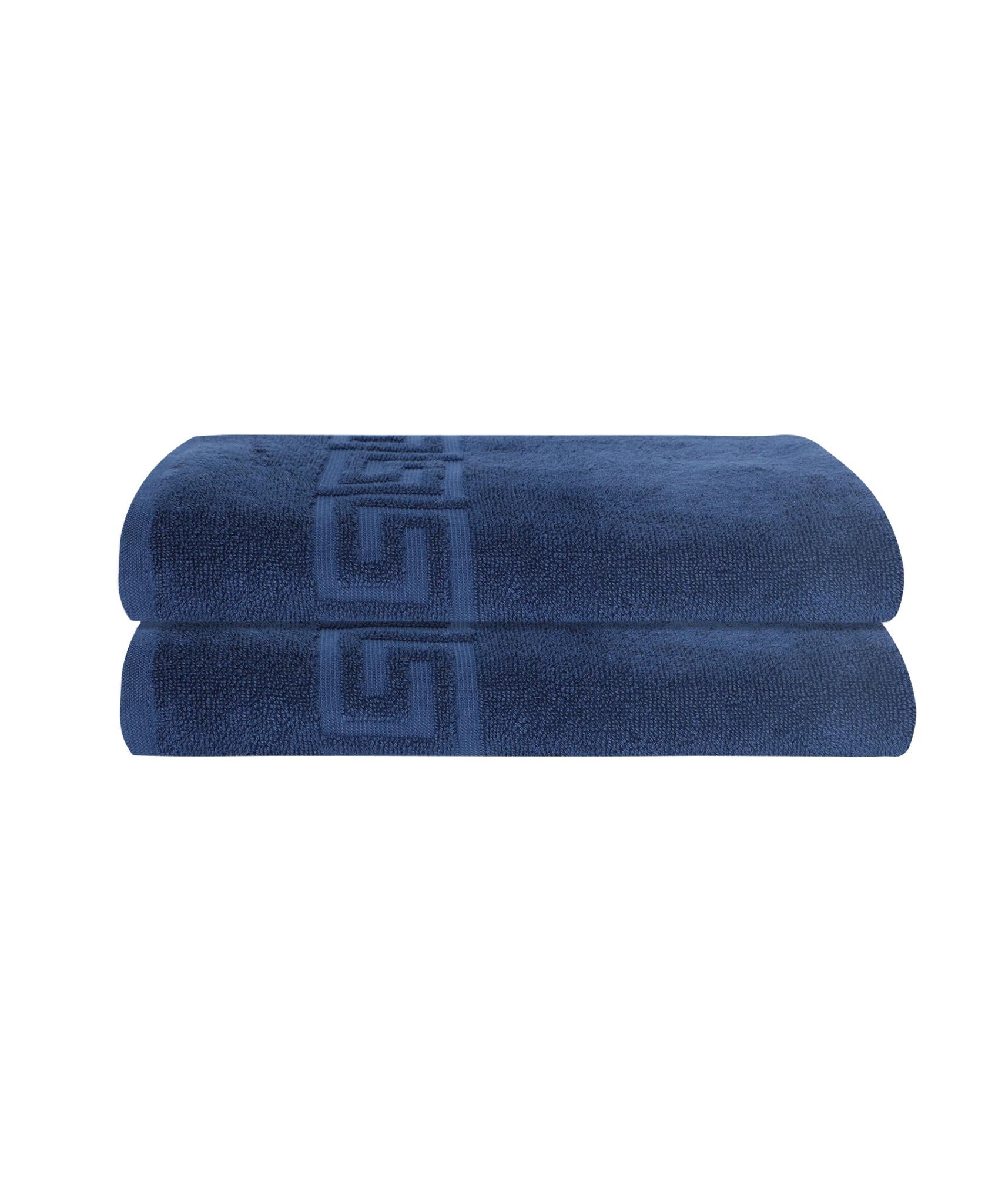 Set of two navy Turkish bath towels, stacked rolls with Greek key motif