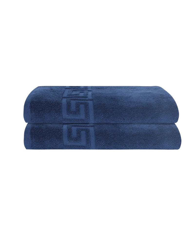 Set of two navy Turkish bath towels, stacked rolls with Greek key motif