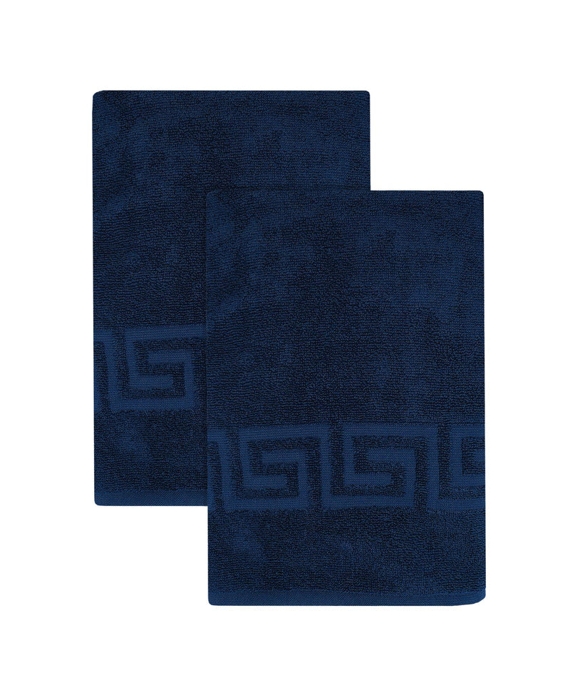 Set of two navy Turkish bath towels, folded with Greek key accent