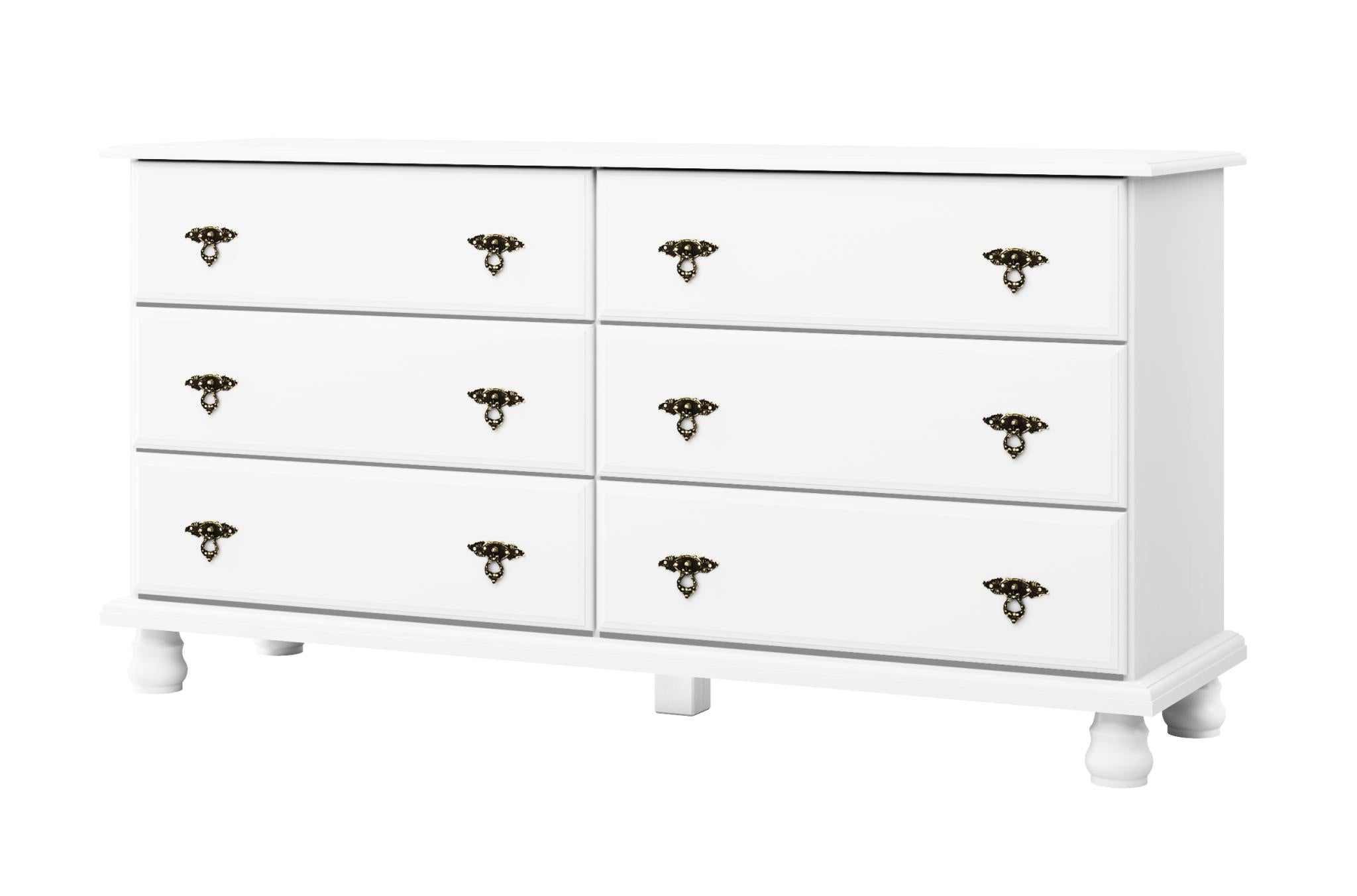 White wooden six-drawer dresser with black knob pulls and two lower cabinet drawers