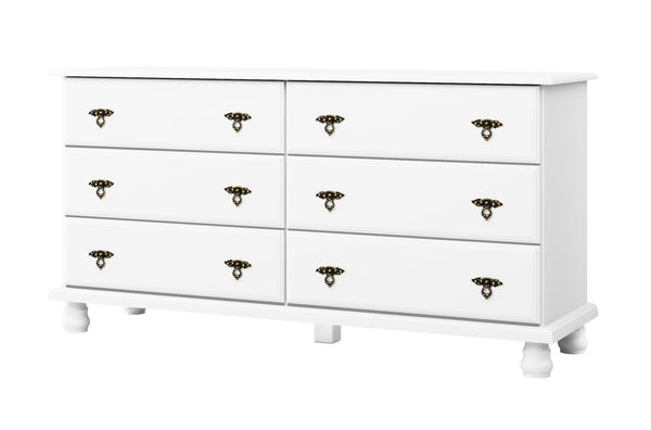 White wooden six-drawer dresser with black knob pulls and two lower cabinet drawers