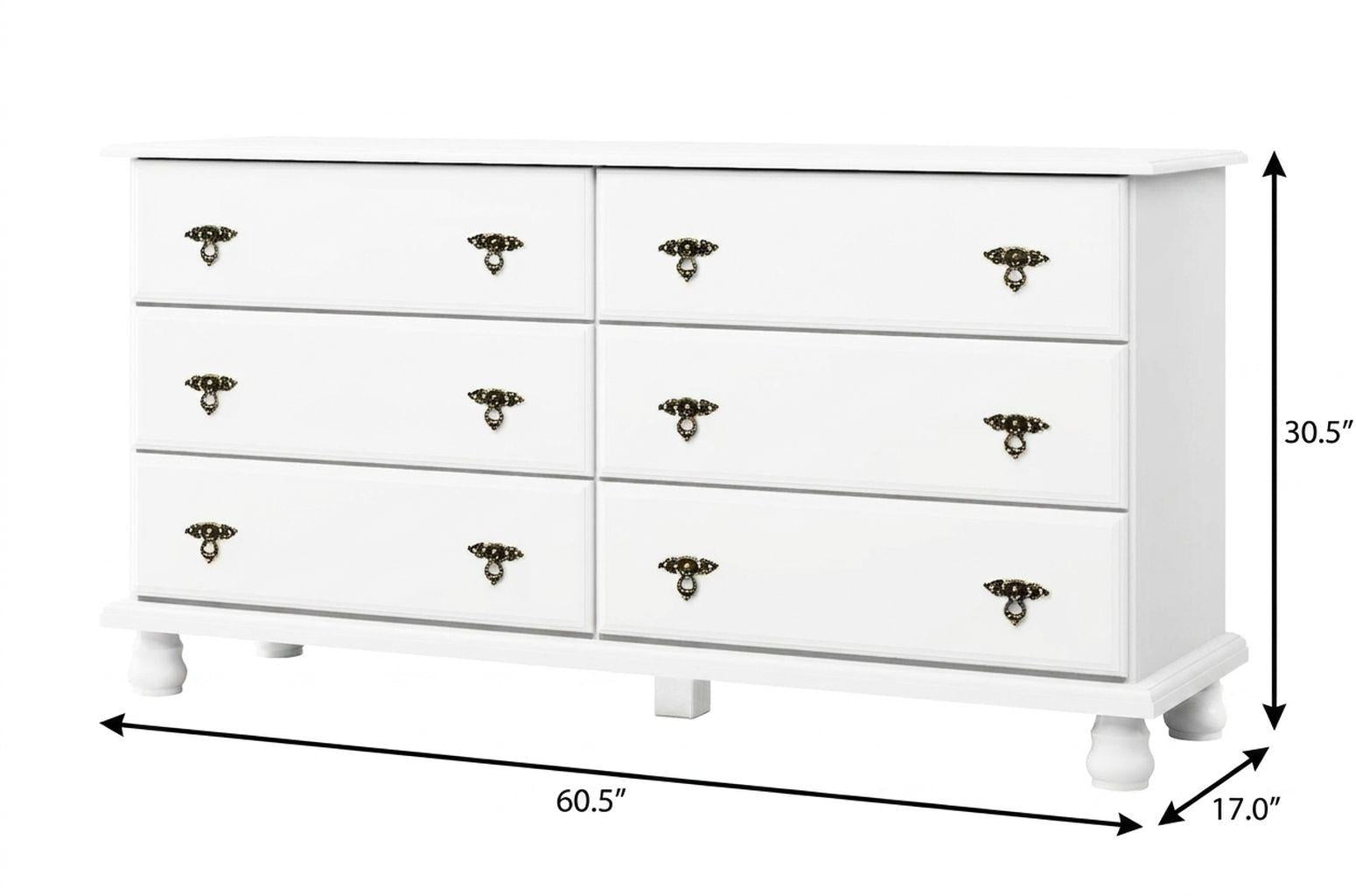 White six-drawer dresser, 60.5W x 30.5H x 17D, black knob pulls