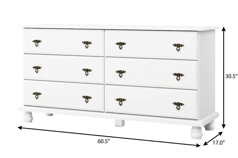 White six-drawer dresser, 60.5W x 30.5H x 17D, black knob pulls