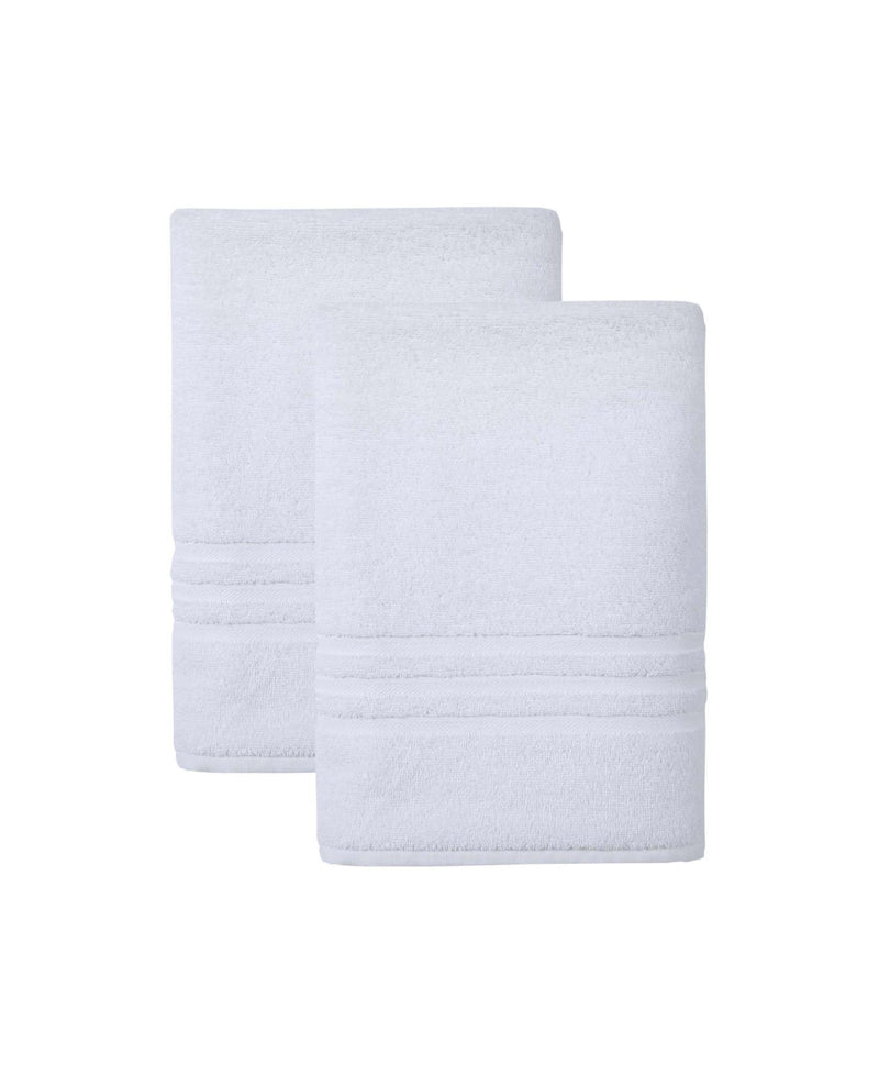 Set of two white Turkish cotton bath towels, folded with visible striped border