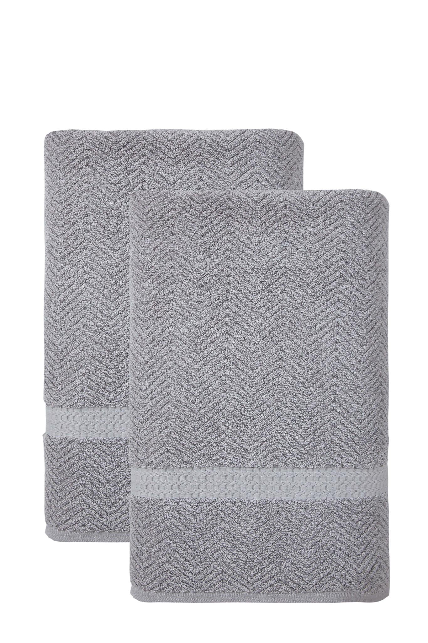 Set of two light gray chevron Turkish cotton bath sheets, folded, 40x70 in