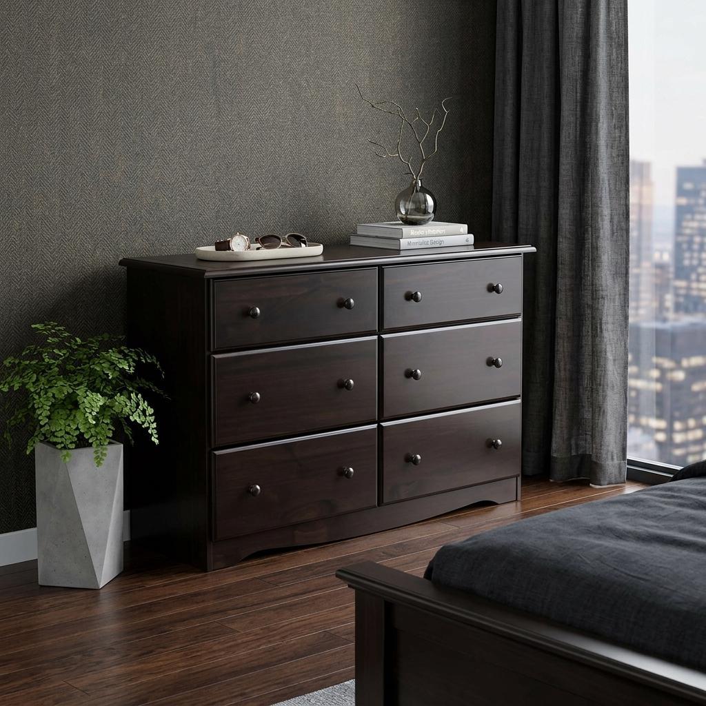Dark brown solid wood six-drawer dresser with six pairs of silver knob pulls
