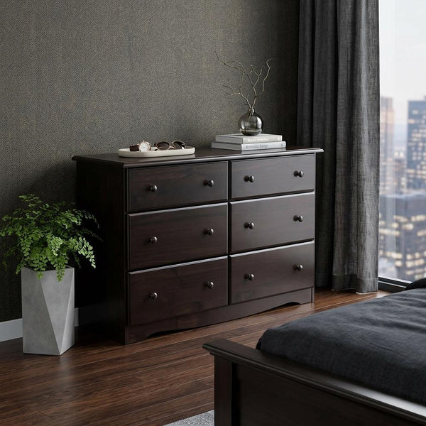Dark brown solid wood six-drawer dresser with six pairs of silver knob pulls