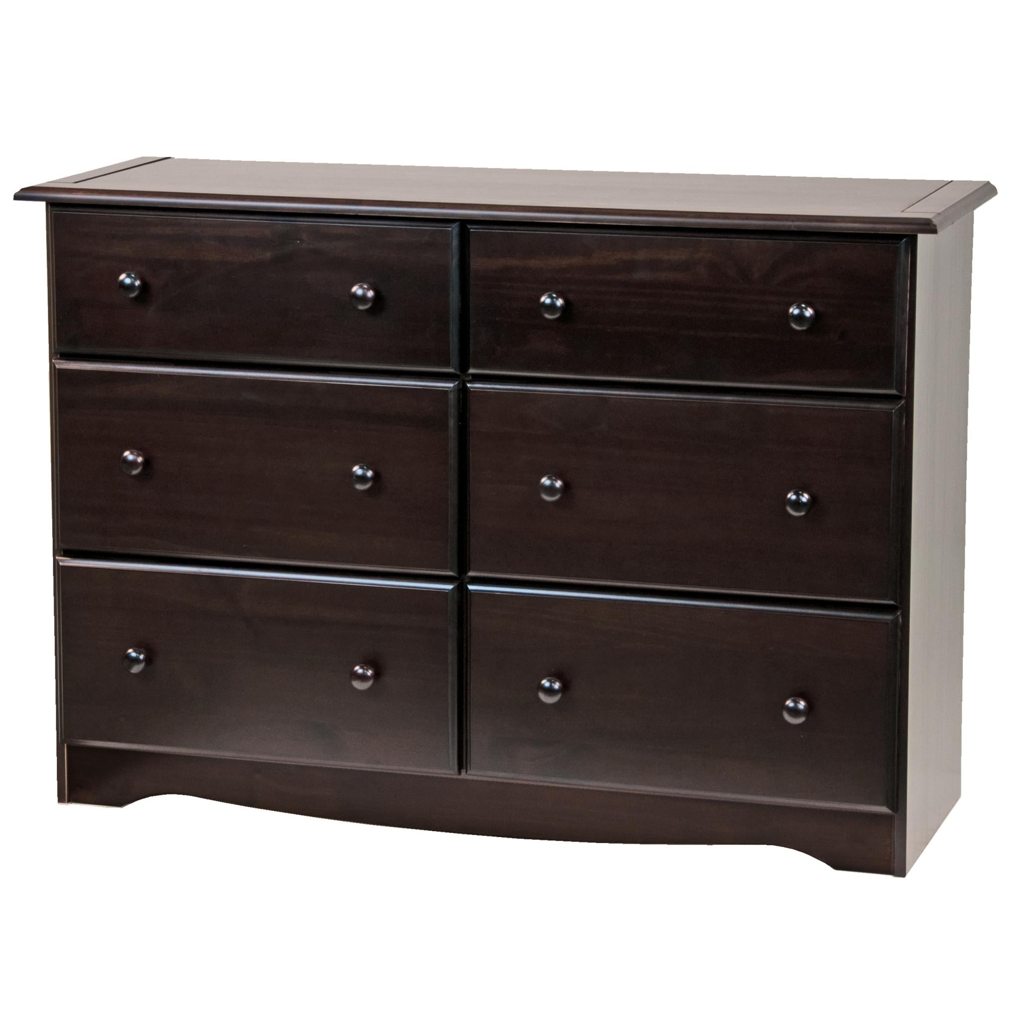 Dark brown six-drawer dresser front with smooth drawer fronts and silver knob pulls