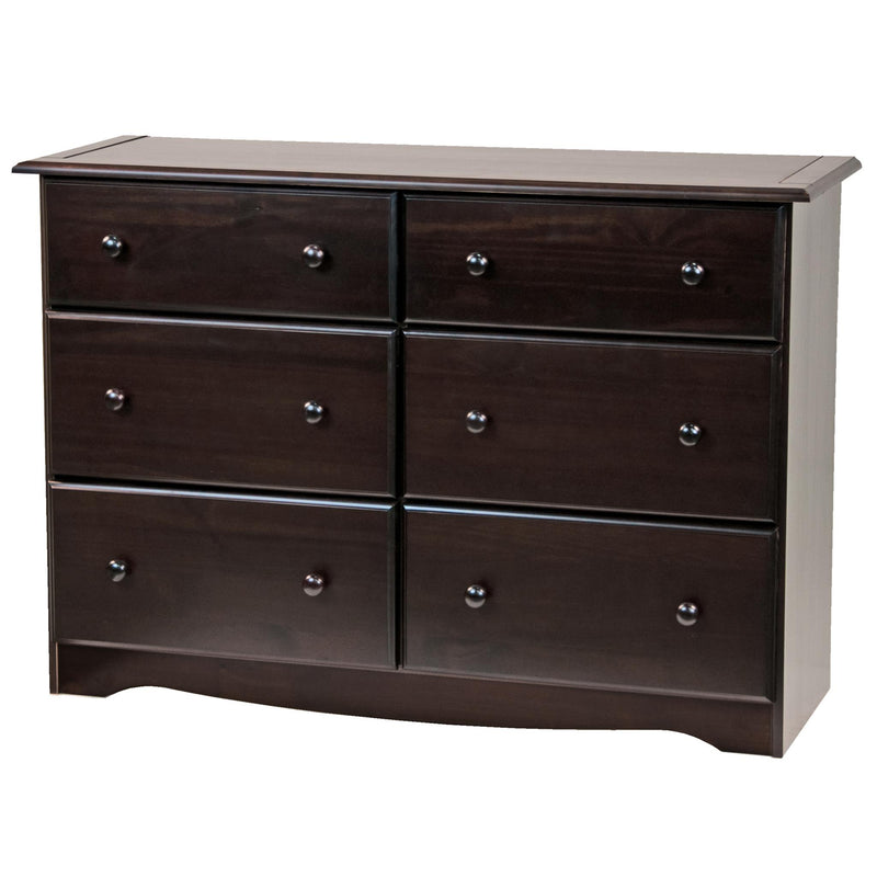 Dark brown six-drawer dresser front with smooth drawer fronts and silver knob pulls