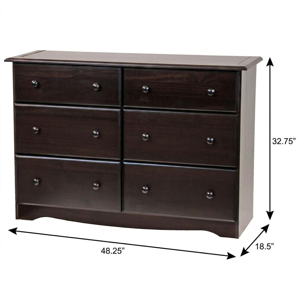 Dark brown solid wood six-drawer dresser with dimensions shown and silver knob pulls