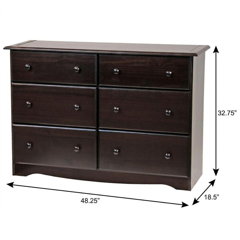 Dark brown solid wood six-drawer dresser with dimensions shown and silver knob pulls