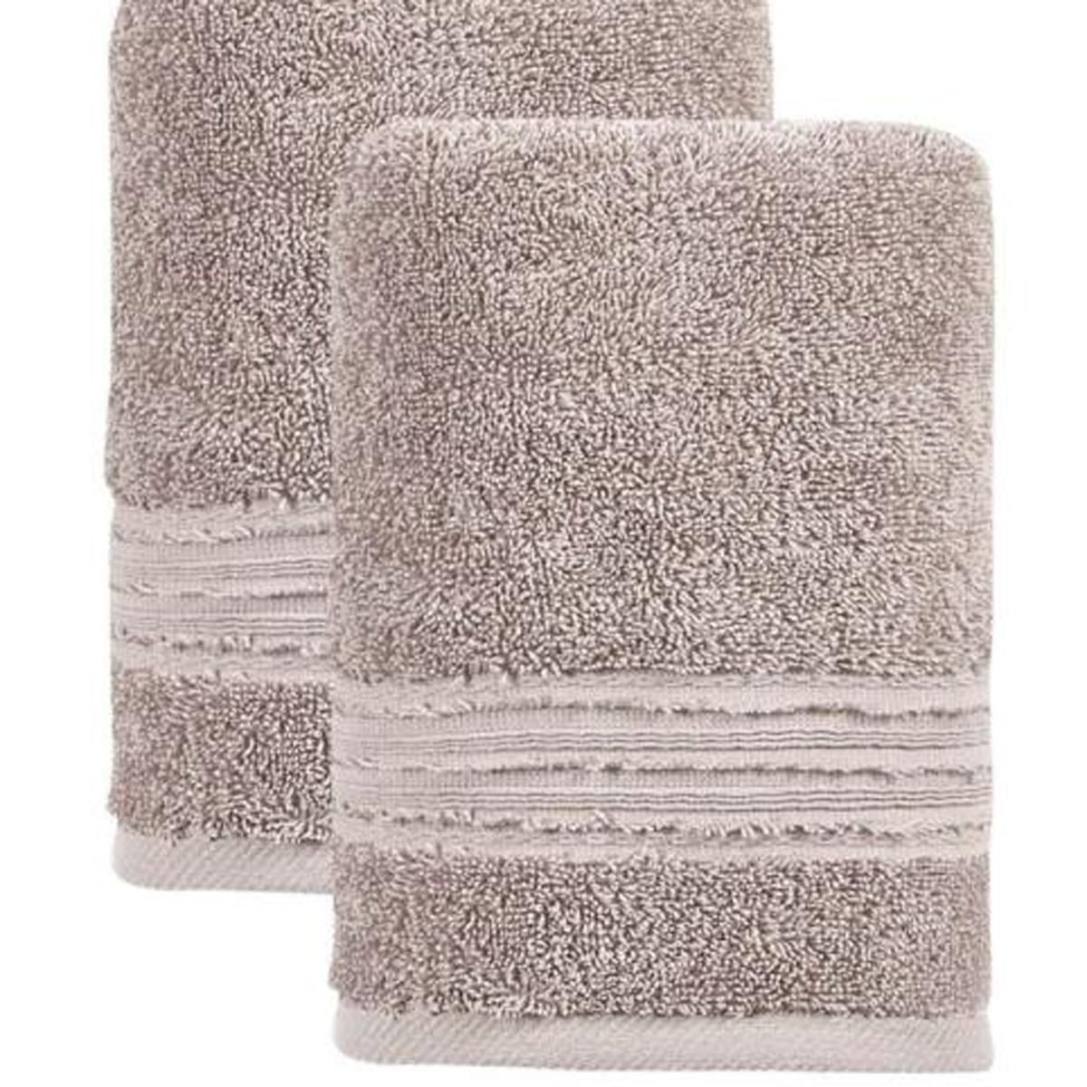 Two light brown textured Turkish hand towels with stitched horizontal stripe trim