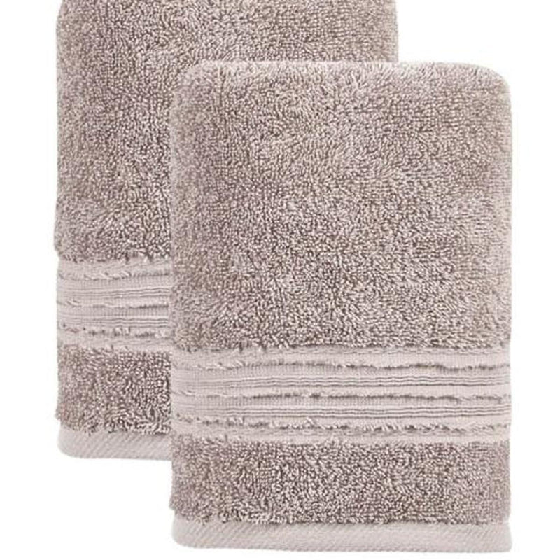 Two light brown textured Turkish hand towels with stitched horizontal stripe trim