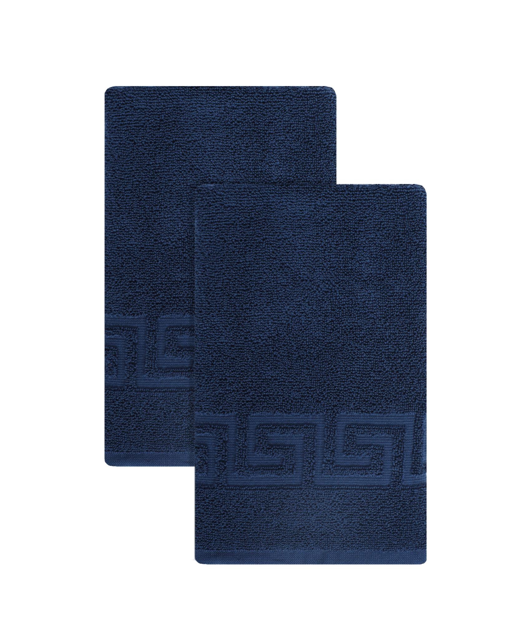 Two navy hand towels with Greek key border, folded close-up