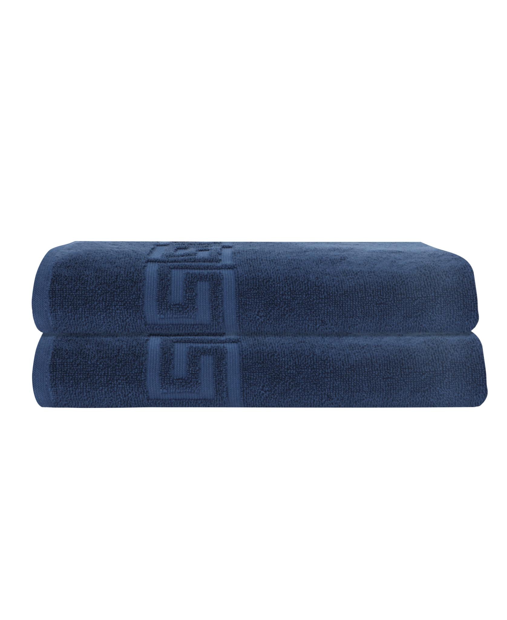 Set of two navy Turkish cotton bath sheets with Greek key border, folded flat