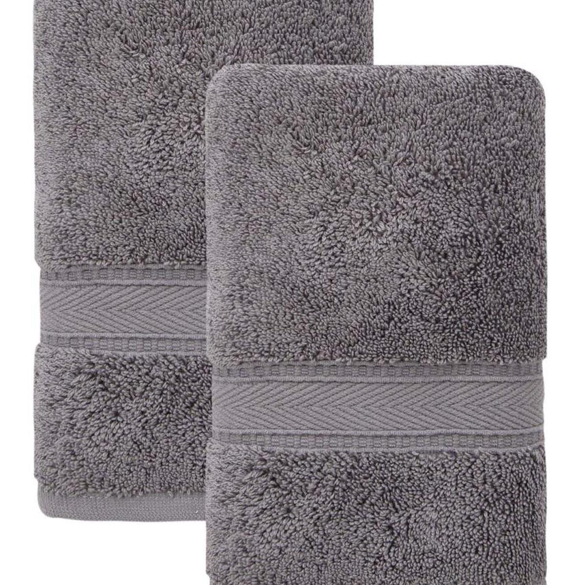 Set of two dark gray terry hand towels, overlapped folds, striped hem bands