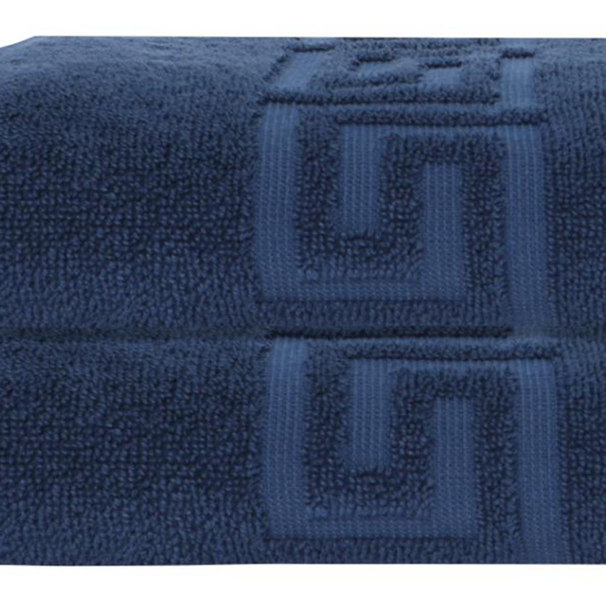Navy Turkish cotton bath sheet close-up with Greek key woven pattern border