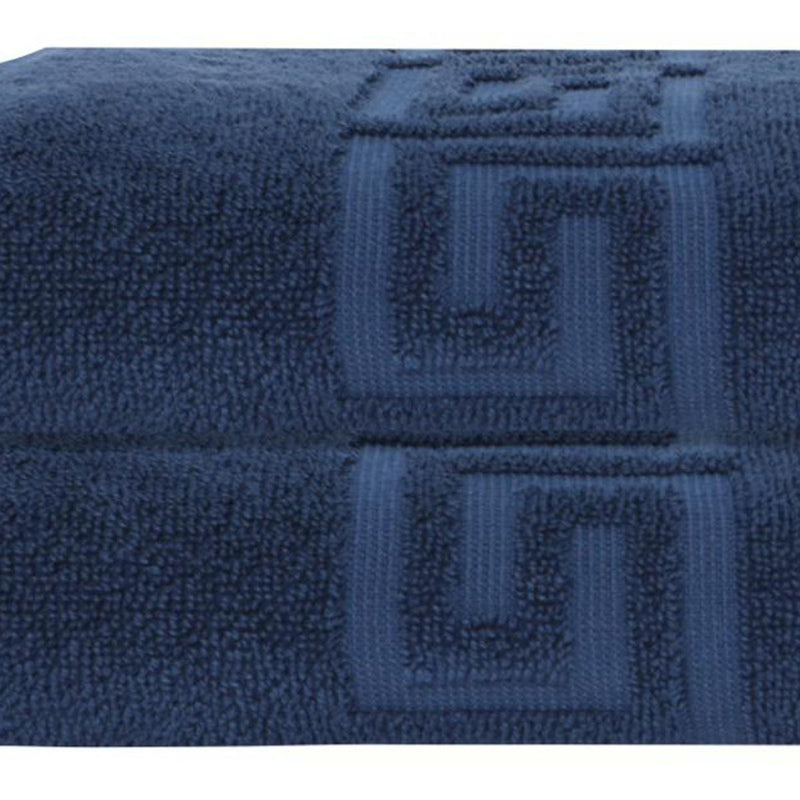 Navy Turkish cotton bath sheet close-up with Greek key woven pattern border