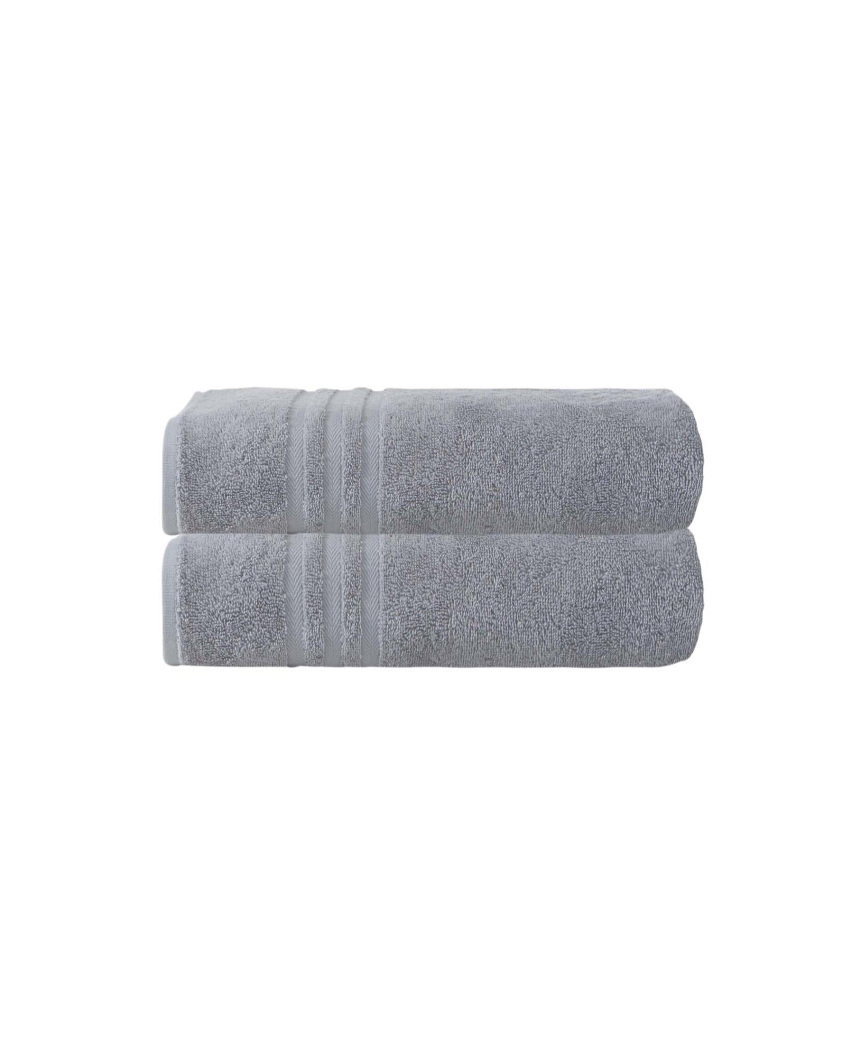 Set of two light gray Turkish cotton bath towels, folded, with striped bands.
