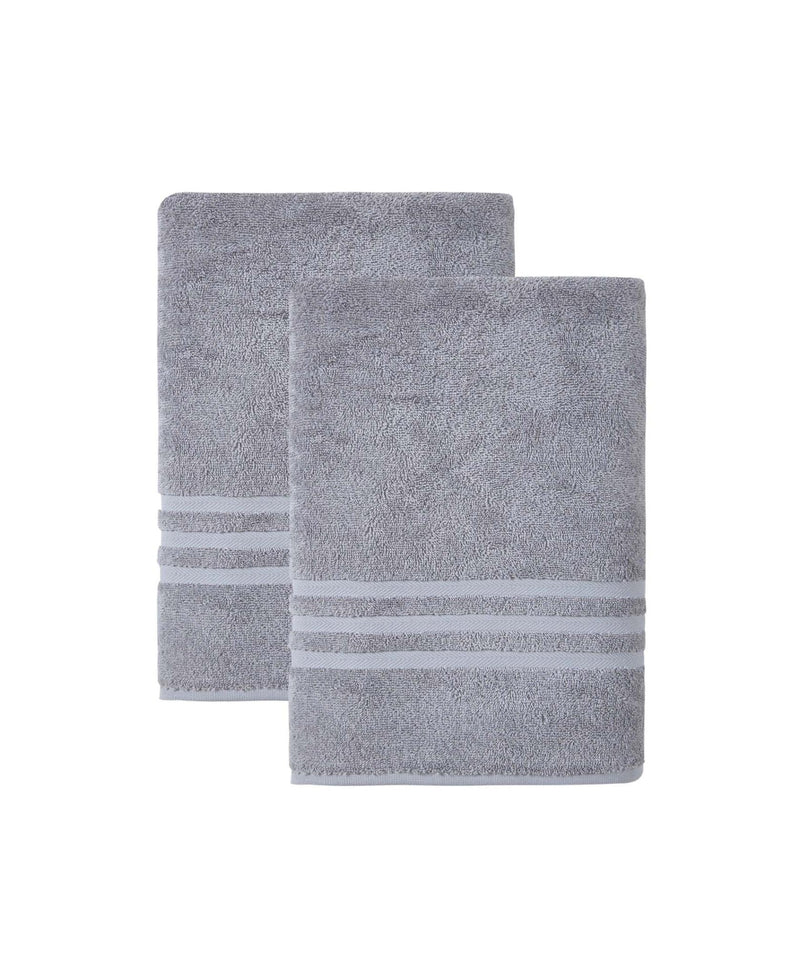 Set of two light gray bath towels, neatly folded, featuring horizontal striped bands.