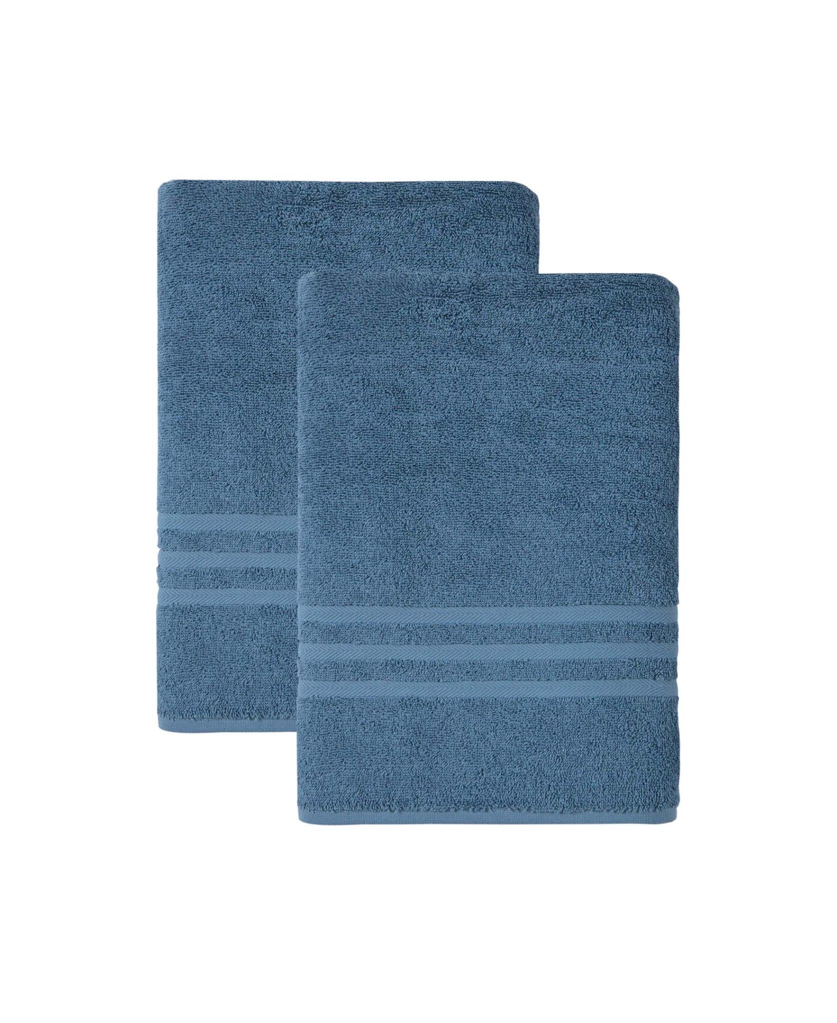 Set of two aqua blue Turkish cotton bath towels, neatly folded with stitched stripes