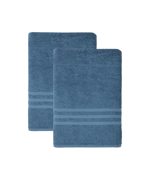 Set of two aqua blue Turkish cotton bath towels, neatly folded with stitched stripes