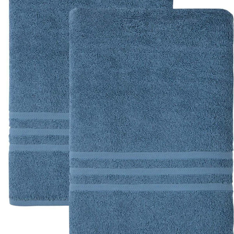 Aqua blue bath towel with horizontal stitched stripes and plush terry texture
