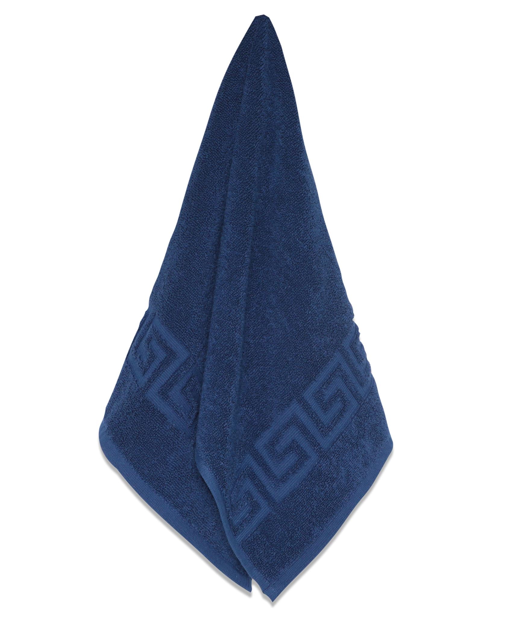 Navy Turkish cotton hand towel with Greek key border, folded triangular shape