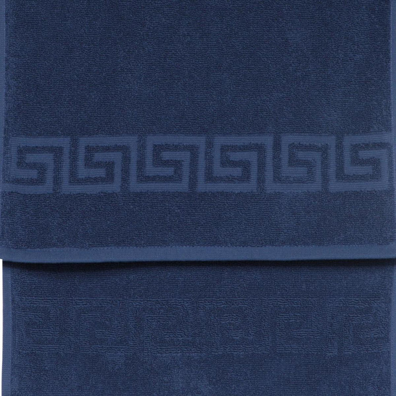 Navy Turkish cotton hand towel with Greek key band across the fabric center