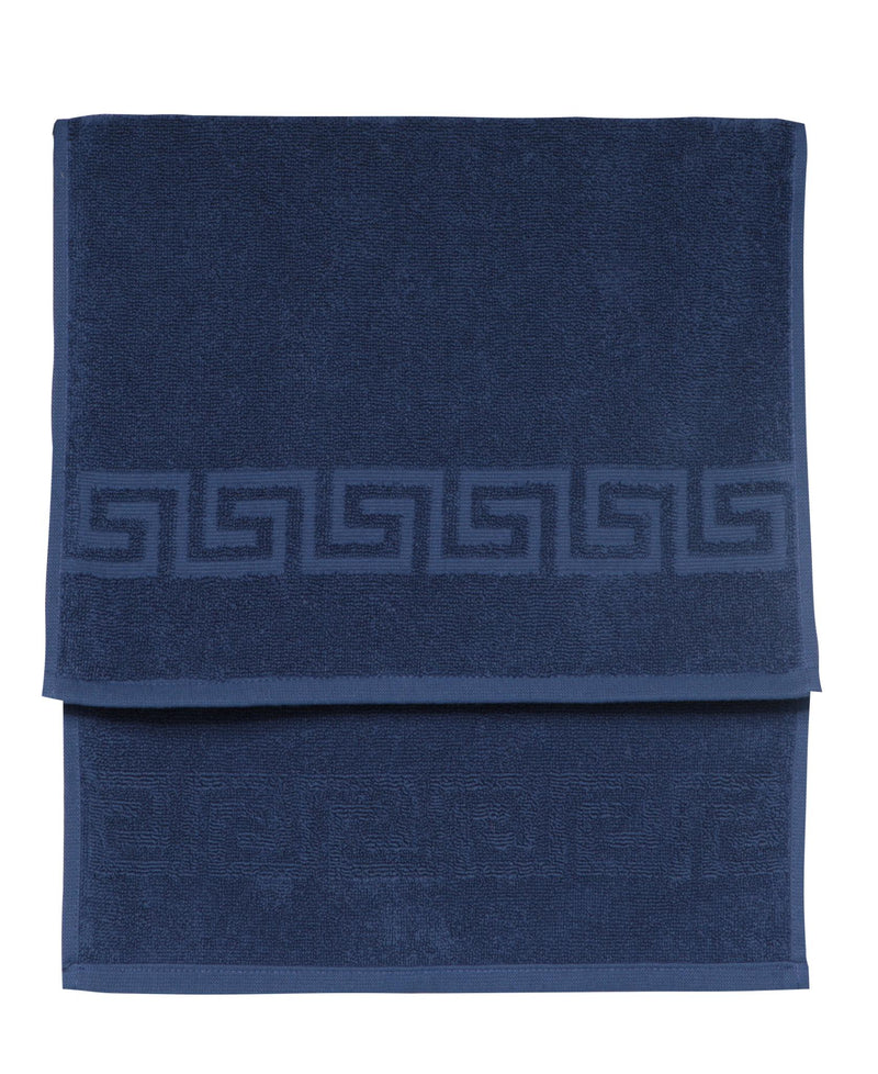 Navy hand towel with Greek key border band, neatly stacked and folded